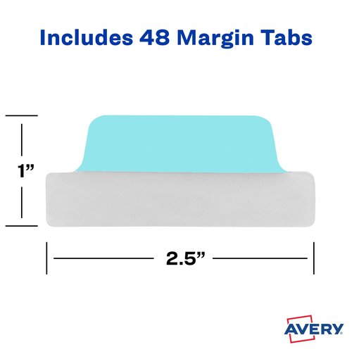 Avery Margin Ultra Tabs, 2.5" x 1", 2-Side Writable, Assorted Pastel Colors, 48 Repositionable Tabs (74867)