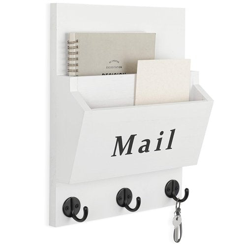 Lucundm Mail and Key Holder - Decorative 8.86" x 11.42" Wall Key Hanger with 2 Mail Organizer Slots and 3 Hooks - Real Paulownia Wood with Keyhole Brackets, Hardware and Instructions (White)