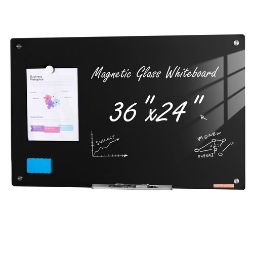 VEVOR Magnetic Glass Whiteboard, Dry Erase Board 36"x24", Wall-Mounted Large White Glassboard Frameless, with Marker Tray, an Eraser and 2 Markers, Black