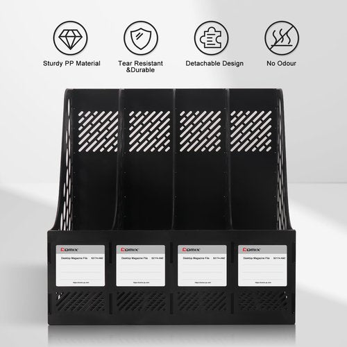 Comix Magazine File Holder Rack/Vertical Desktop File Organizer - Plastic Desk Organizer for Files, Folders, Books - 4 Compartment Binder Organizer - Black