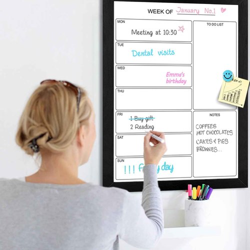 Aitakatta Weekly Dry Erase Whiteboard Calendar, 29.5"x19.7" Magnetic Surface Memo Board, Minimal Design Weekly Planner for Wall, Black Wood Frame Dry Erase Board for Office School Home(ZLBB-S-BK-5075)