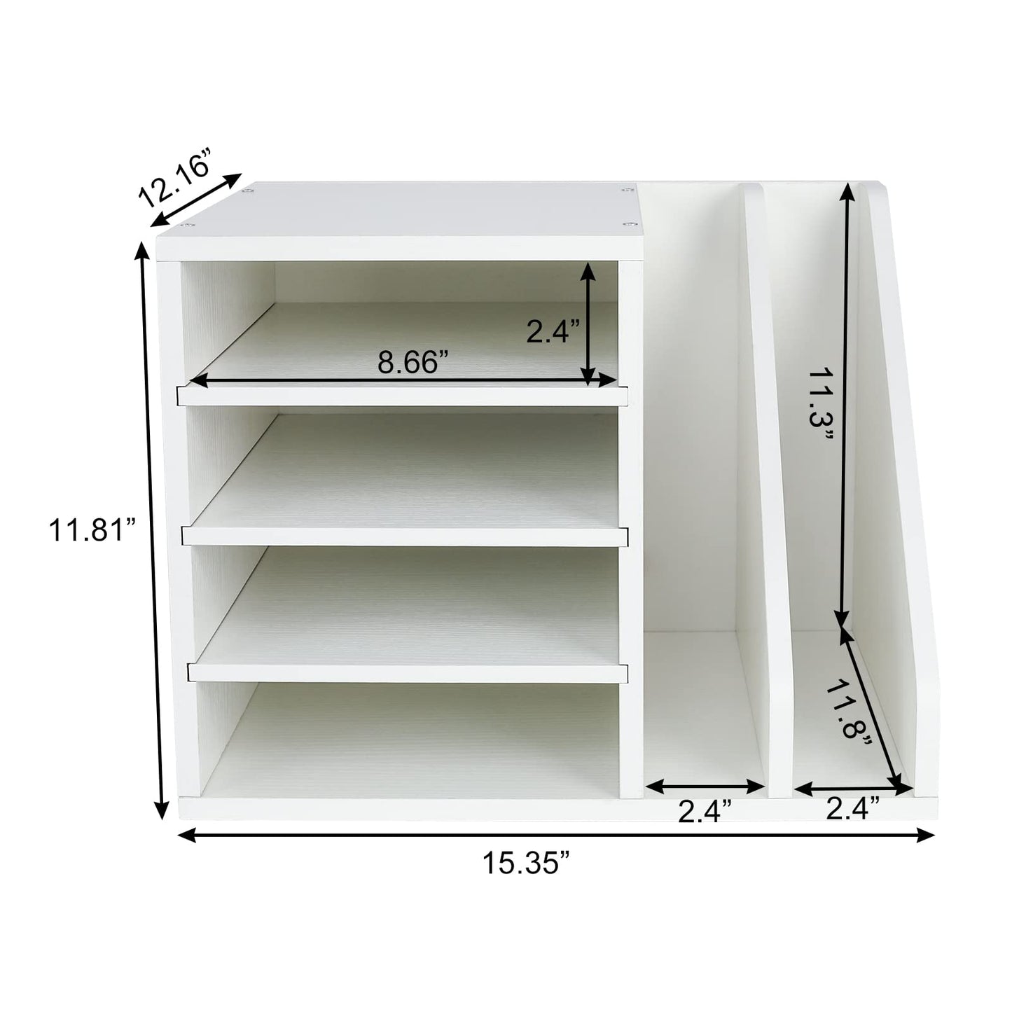 PAG Wood Desktop File Holder Organizer Mail Sorter, White, 15.35" W x 12.16" D x 11.81" H