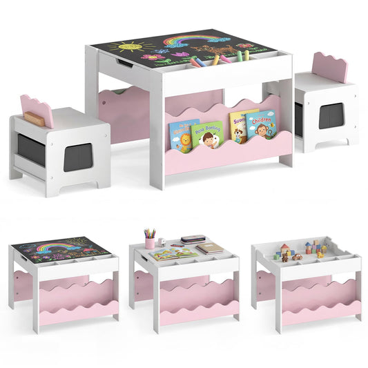 Costzon Kids Table and Chairs, Wooden 4-in-1 Activity Desk Set w/Double-Sided Tabletop, Chalkboard, Bookshelves, Small Compartments & Fabric Drawers, Children Furniture Set for Art & Crafts (Pink)