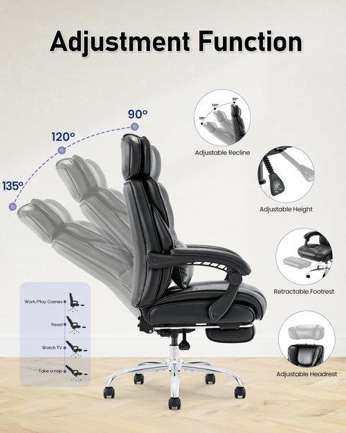 Ergonomic Office Chair with Footrest, High Back Executive Desk Chair with Adjustable Recline, Removable Lumbar Support, Thick Padded Seat, Bonded Leather Computer Chair for Home Office, Black