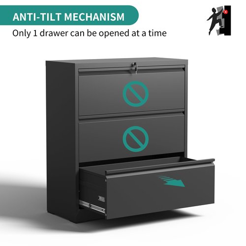BIZOEIRON 3 Drawer Lateral File Cabinet with Lock, Metal Filing Cabinets for Home Office, Steel Storage Wide File Cabinet for Letter/Legal/F4/A4 Size with Hanging Bars, Assembly Required (Black)