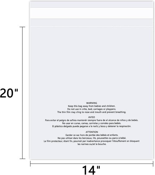 Resealable Adhesive Poly Bags - 14" x 20" (1000 Count) Clear Self-Seal Bags with Suffocation Warning for Shipping & Packaging
