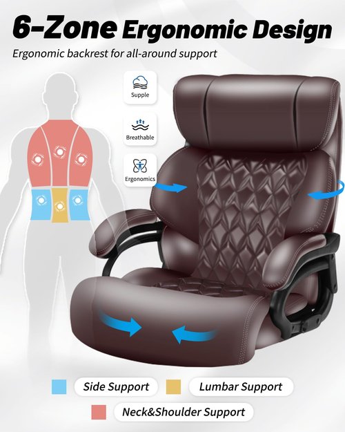 800LBS Large Heavy Duty Office Chair with Massage Footrest, Big and Tall Office Chair with Adjustable Lumbar Support, PU Leather Executive Chair with Extra Wide Seat (Brown)