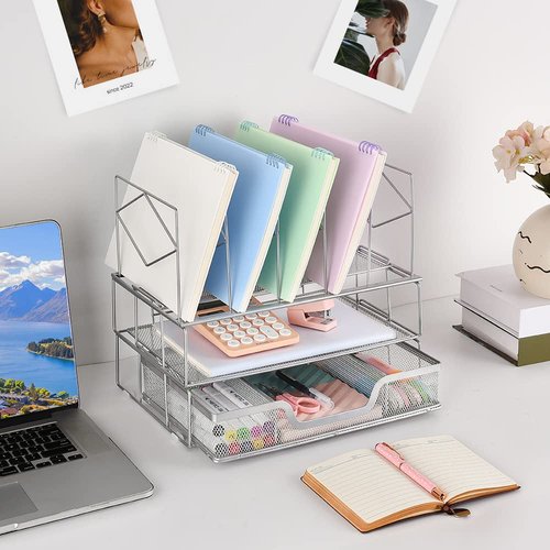 Youbetia Desk Organizers and Storage - Double Tray and 5 Upright Sections, Desk Accessories Office Supplies File Organizer, Book Display & Storage for School or Office, Silver