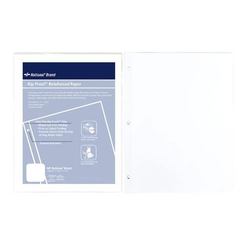 National Rip Proof Reinforced Filler Paper, 3-Hole, 8.5 X 11, Unruled, 100/pack,White (Pack of 2)