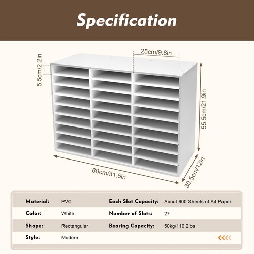 White 27-Slot Classroom Mailbox, PVC Literature Organizer with Adjustable Shelves for Paper Storage in Schools and Offices