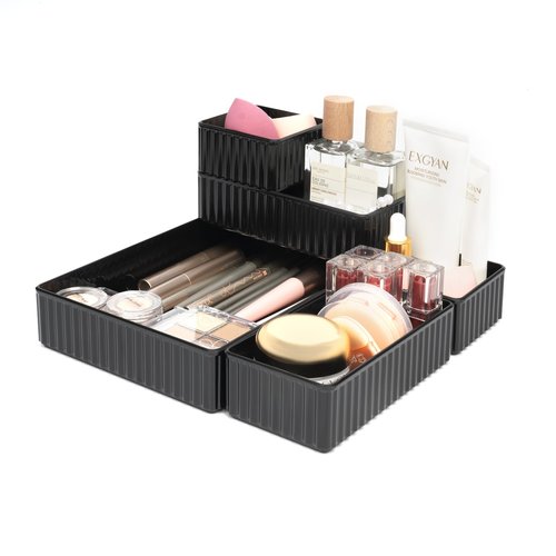 MOSA BEAR 6 PCS Black Drawer Organizer Set 3-Size, Makeup Organizer,Versatile Desk and Vanity Drawer Organizer Trays, Storage Bins for Bedroom, Kitchen，Bathroom