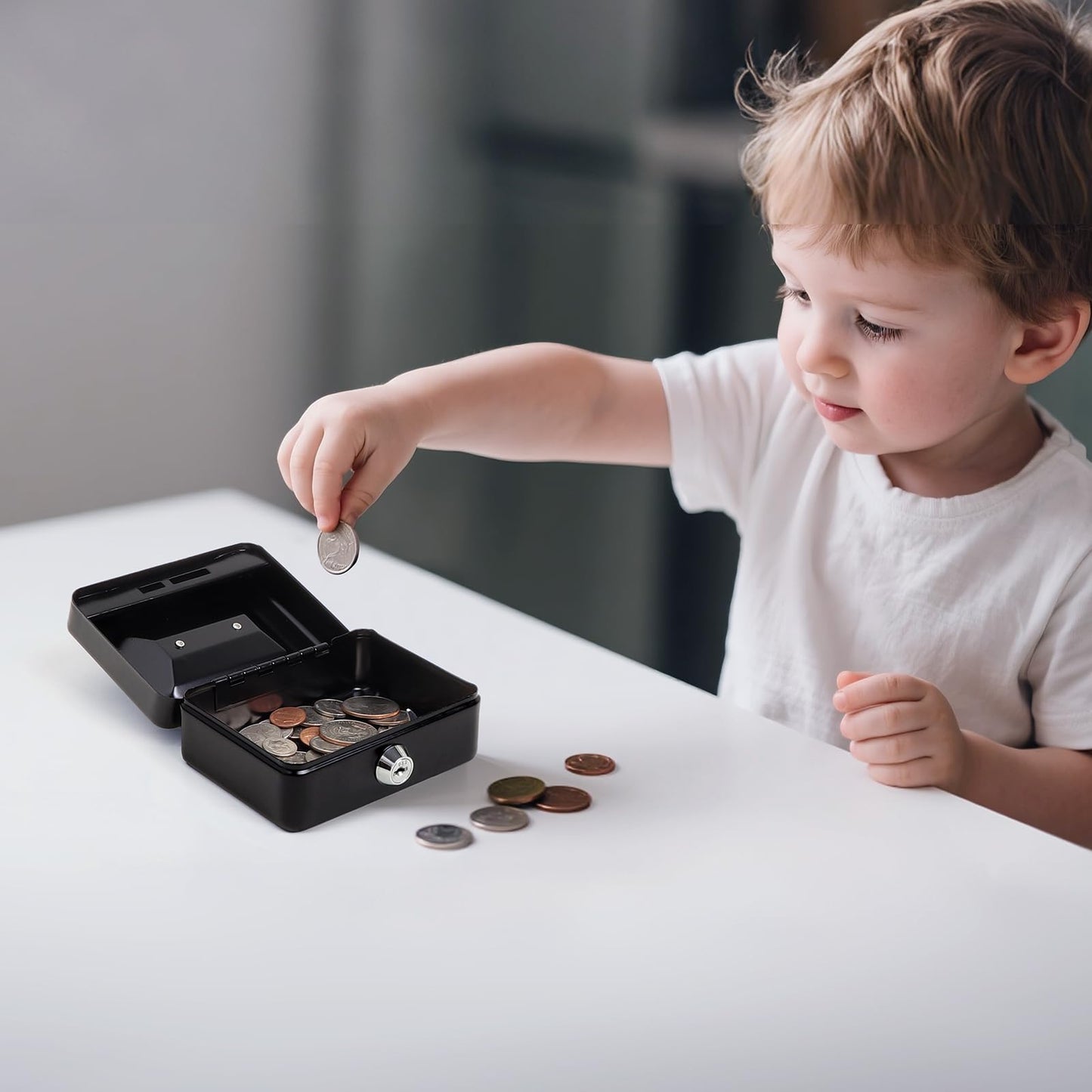 Jssmst X-Small Cash Box with Lock - Money Saving Box for Cash Coins, Small Lock Box for Medication Personal Items, 4.92'' x 3.94'' x 2.28'', Black