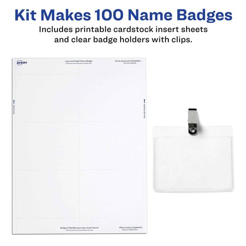 Avery Customizable Name Badges, Clip Style, 3" x 4", Clear Name Tag Holders, White Laser/Inkjet Printable Inserts, 100 Total (74541)