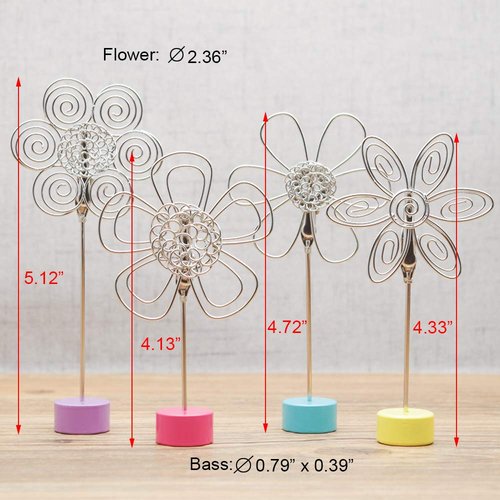 4 pcs Cute Flower Table Card Memo Holder Stand, Photo Clips Holder Desk Stand for Memo Paper Note Monmory Photo Christmas Wedding Number Card Display with Colorful Metal Base