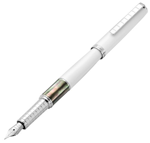 Xezo Speed Master Fountain Pen, Extra Fine Nib. Matte White with Tahitian Black Mother of Pearl. Chrome Plated. Lightweight Brass Body. No Two Alike. Etched With a Serial Number