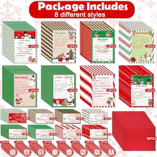 Sinload 384 Pcs Official Letter to Santa Kit Includes 96 Set Christmas Cards 5"x 7" with Envelopes Stickers Stamps Letter to Santa for Christmas Wish List Christmas List