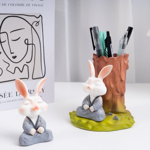 LETAPCLAWTTT Hand-Painted Resin Rabbit Pen Holder, Pencil Holder, Creative Desktop Pen Organizer Pencil Cups, Unique Desk Accessories Decor for Home Office School