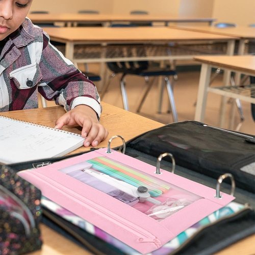 SKYDUE Pencil Pouch for 3 Ring Binder, Zipper Pencil Pouches for Girls Boys, Clear Window Pencil Case for Binder, Binder Pencil Pouch, Pencil Bag with Zipper,Pink & Purple