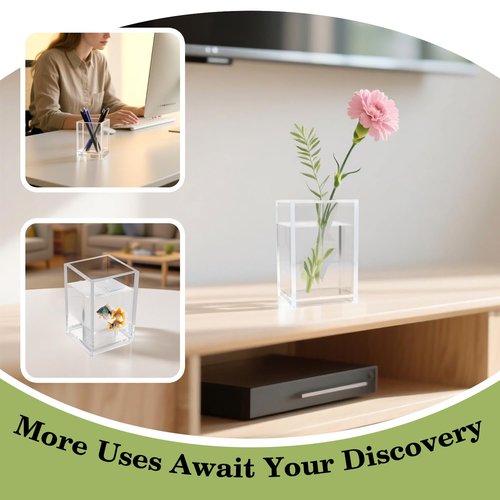 10 Pack Clear Acrylic Pen Holder for Desk, Pencil Cup Makeup Brush Organizer, Square Acrylic Pencil Holders for Office School Home Supplies, Desktop Stationery Organizer for Pens Markers Brushes