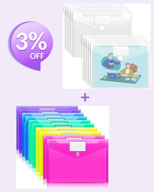 Sooez 20 Pack Clear Document Folders - US Letter Size File Envelopes with Label Pocket | Assorted Colors