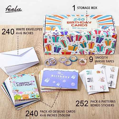 feela Birthday Cards Bulk, 240 Pack 40 Designs Happy Birthday Card Assortment Box with 240 Blank Envelopes, 252 Pieces of Stickers, 9 Washi Tapes, Greeting Cards for Employees Family, 4¡± X 6¡±