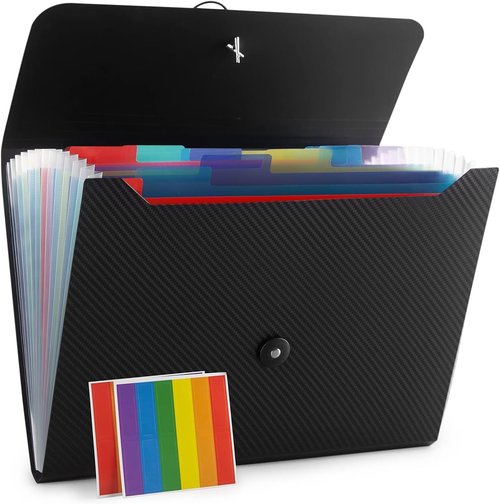 Expanding File Folder - 13 Pocket Accordion Organizer | Aesthetic Black Paper Storage for Home, Office & School