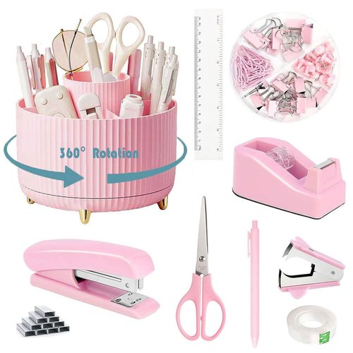 Gawsey Pink Desk Organizers and Accessories 10Pcs Set with 360-Degree Rotating Pen Holder, Tape Dispenser, Stapler, Staple Remover, 1000 Staples, Tape, Clips Set, Ruler, Scissor, Pen (Pink)