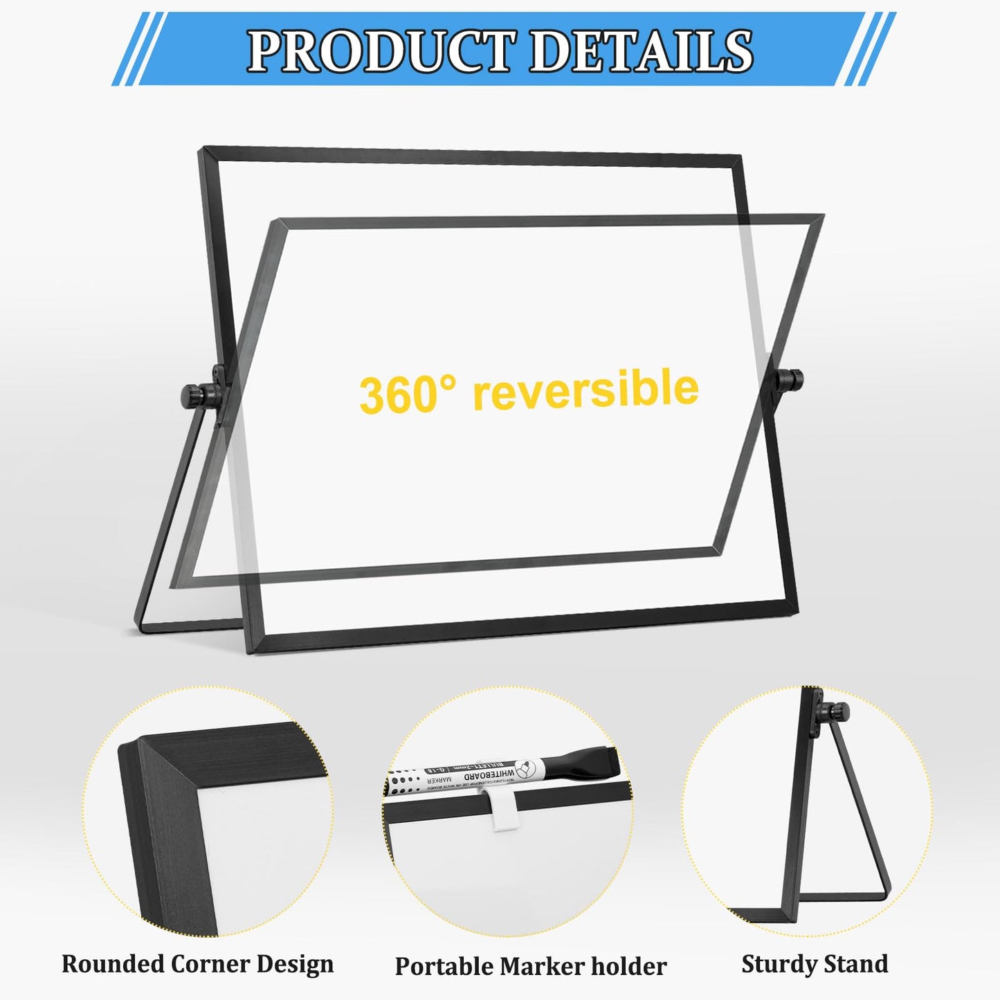 AMUSIGHT Double-Sided Magnetic White Board with Stand, 16" x 12" (Black)