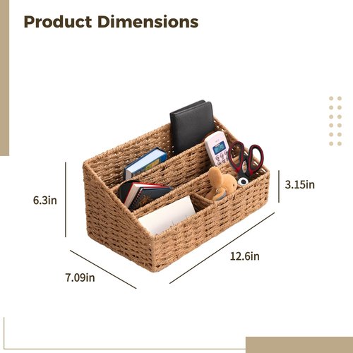 Desktop Woven Mail Organizer, Farmhouse Desk Organizer, Natural Paper Rope, 4 Compartments, Home Sundry Office Supply Organizer