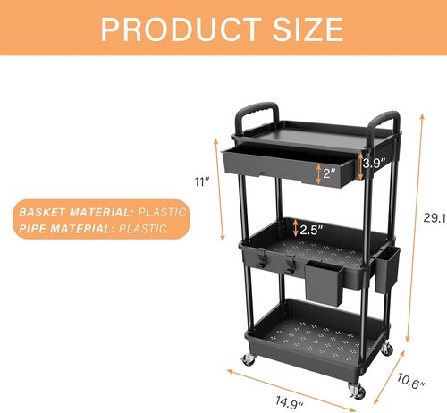 Rebecat 3-Tier Rolling Utility Cart - Multifunctional Storage Organizer for Kitchen, Bathroom & Office | Black