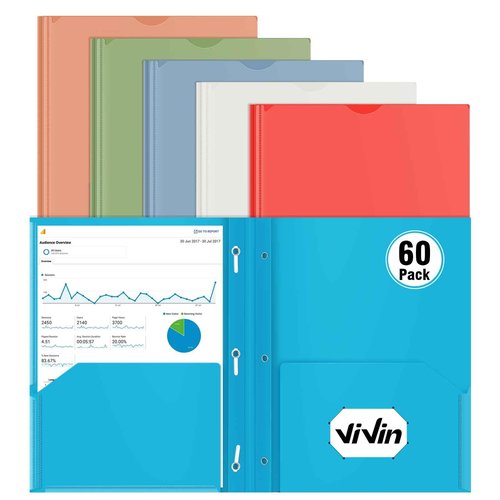 ViVin Plastic Folders with Clear Front Pocket, Sturdy 2 Pocket File Folder with 3 Prongs, 60 Pack, Fits Letter Size Sheets, for School Home Office (Assorted Color)