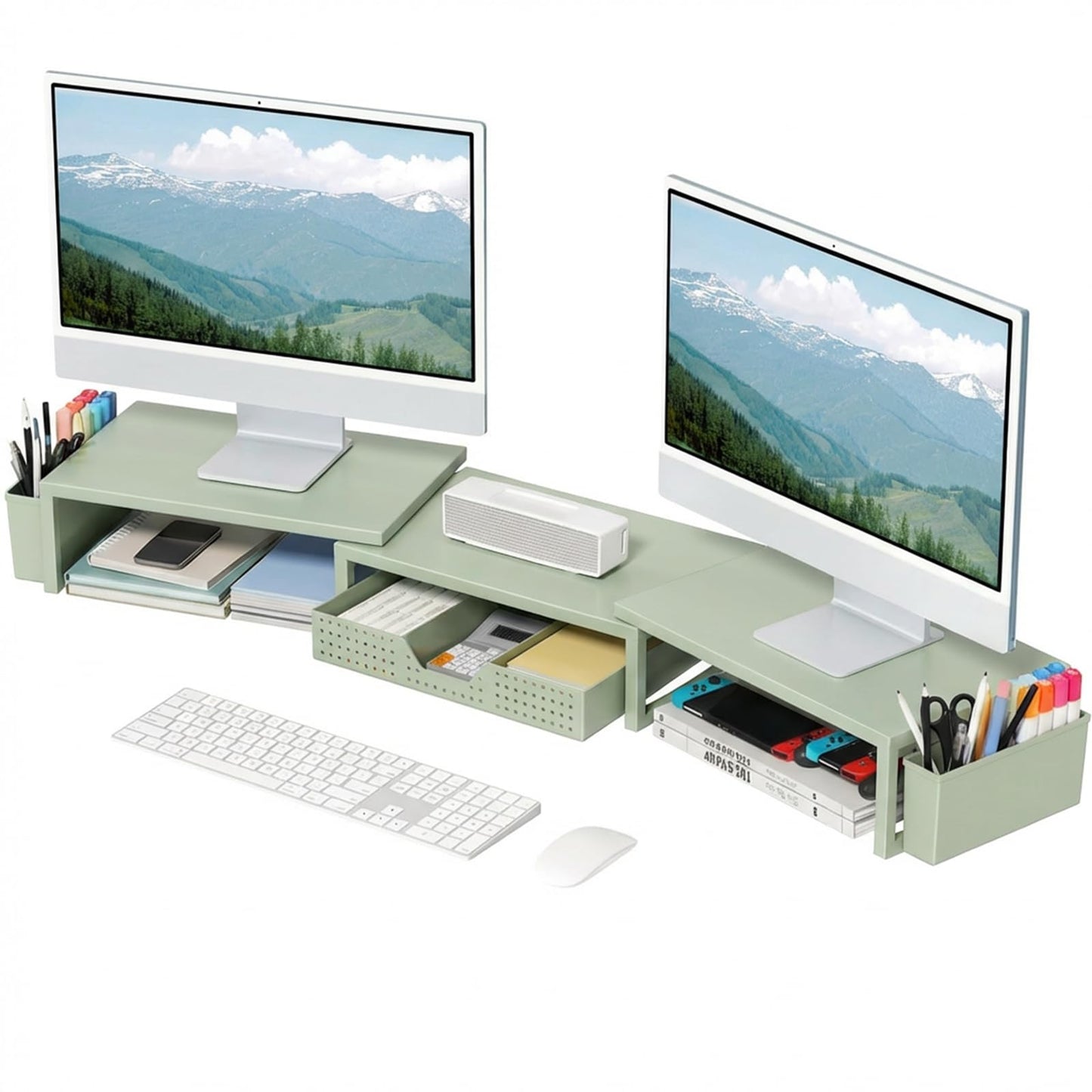 OPNICE Desk Organizers and Accessories, Dual Monitor Stand Riser with Drawer and 2 Pen Holders, Desk Shelf Metal Computer Monitor Stand for Office Workspace Organizers, Desktop Organization (Green Metal)
