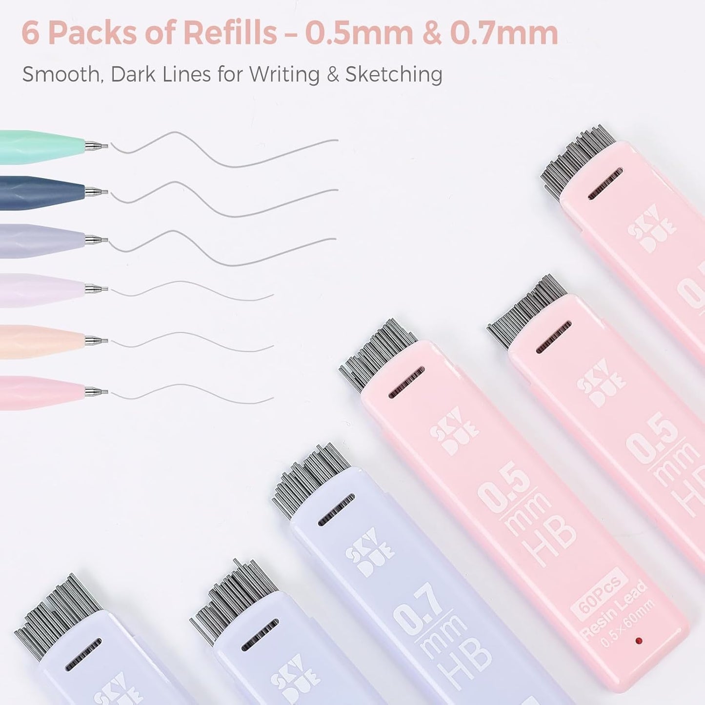 SKYDUE Mechanical Pencils Set - 0.5mm & 0.7mm with 360PCS HB Lead Refills & 4 Pastel Erasers | Aesthetic School Supplies