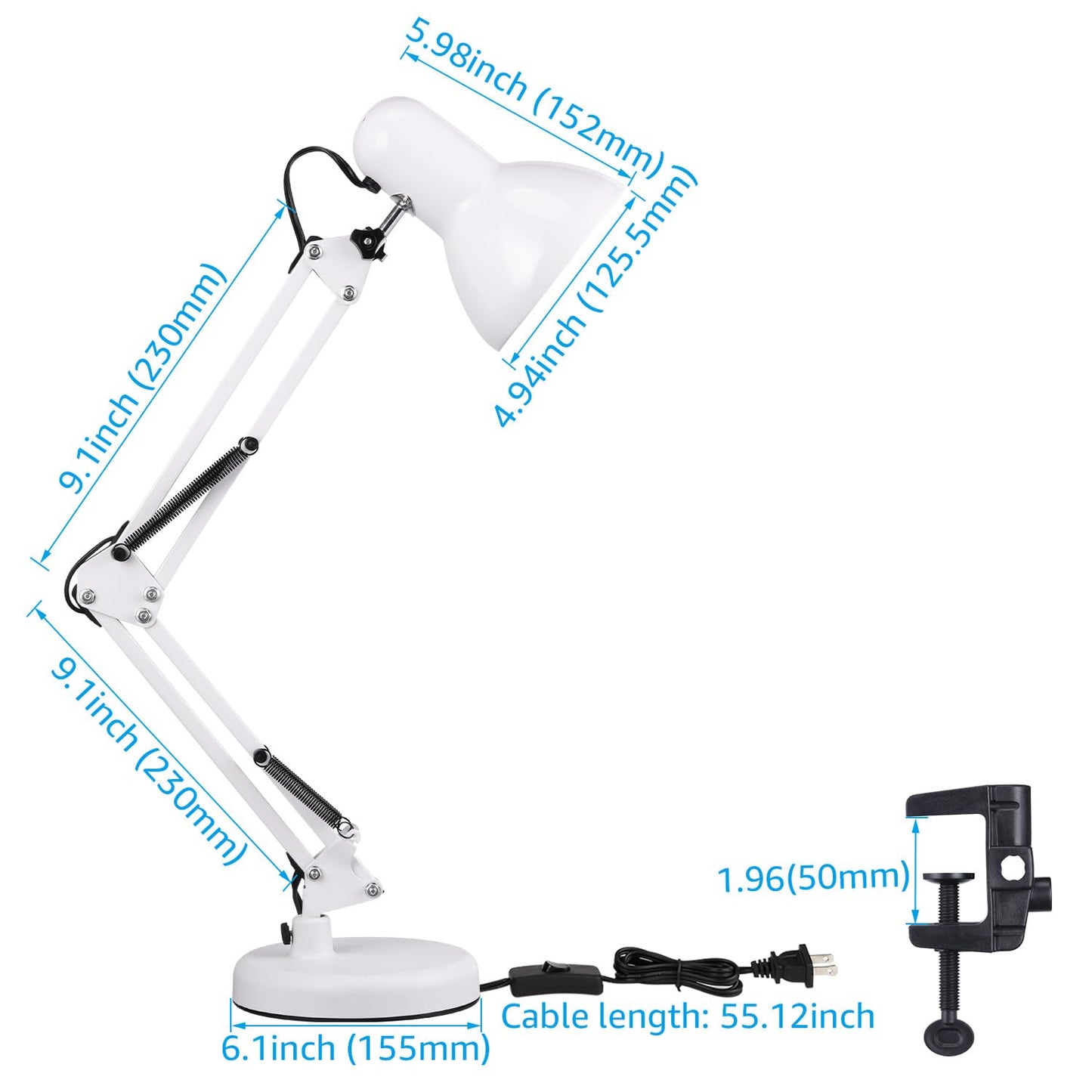 TORCHSTAR Metal Desk Lamp, Adjustable Swing Arm, E26, White