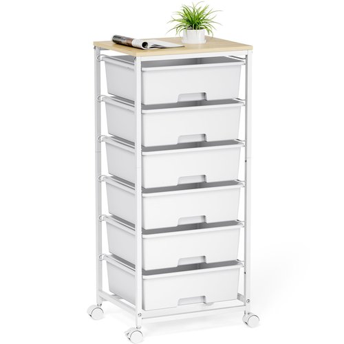 6-Drawer Rolling Storage Cart with Lockable Wheels & Wooden Tabletop, Mobile Utility Organizer Cart for Craft Supplies, Office, Classroom, Bedroom, Living Room, Kids' Room, Gradient White