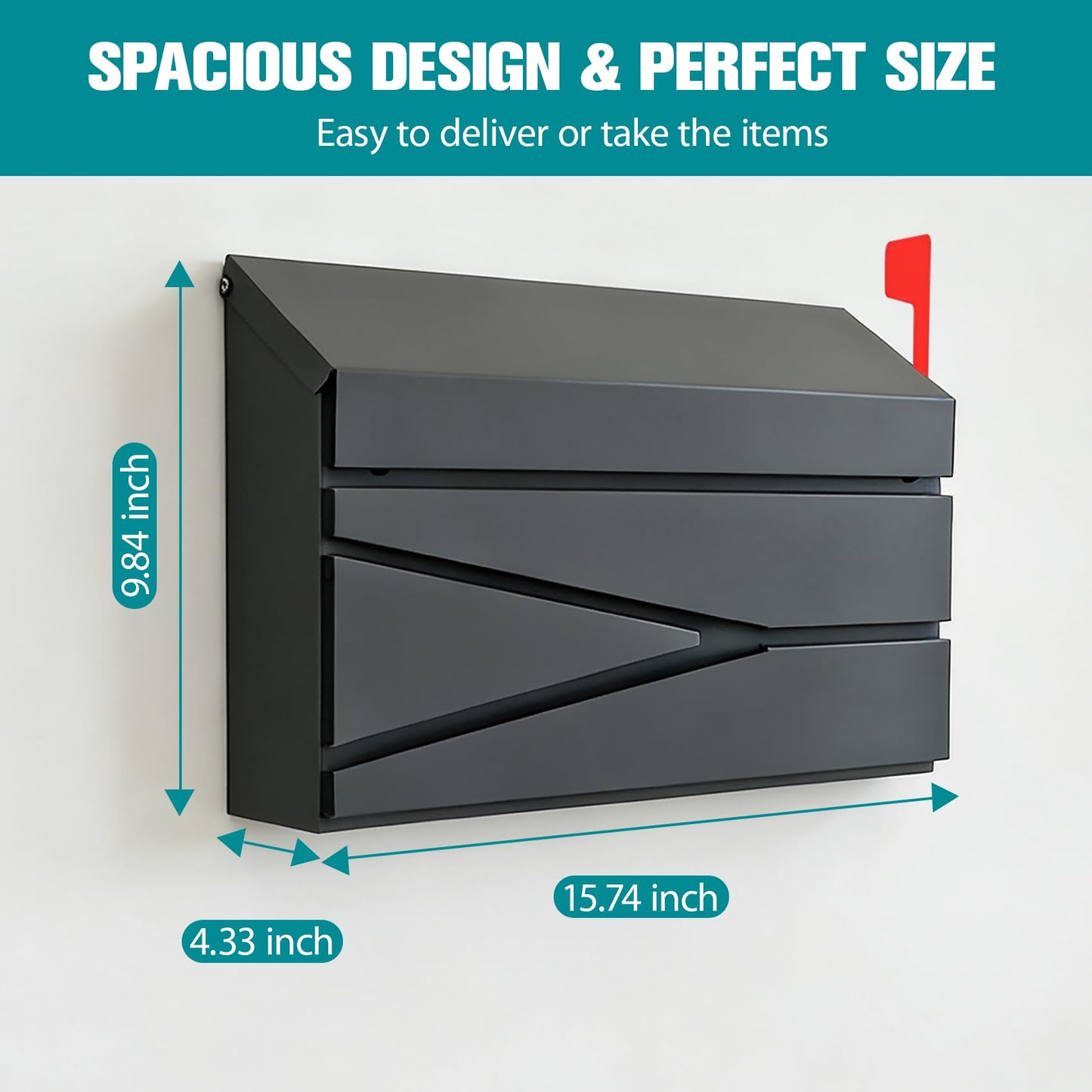 15.74" x 9.84" x 4.33" Wall Mount Mailbox, Large Capacity Mail Box for Outside, Modern Collection Box Postbox, No Keys Locking, with Flag Kit