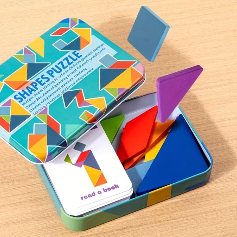 Tangram Puzzle Educational Geometry Game with Tin Storage Box and Pattern Cards for Classroom Learning, Travel, Festivals, Colorful