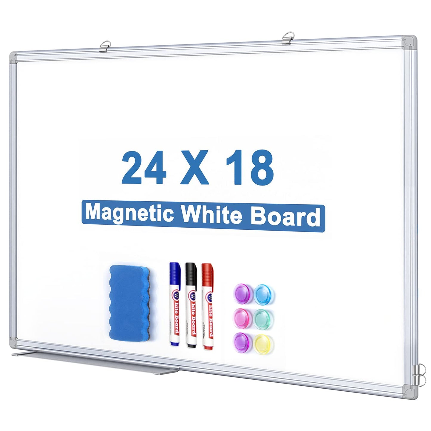 Magnetic White Board for Wall, 24" x 18" Dry Erase Board Hanging Whiteboard with Aluminum Frame for Office Home, Includes 1 Eraser & 3 Markers & 6 Magnets