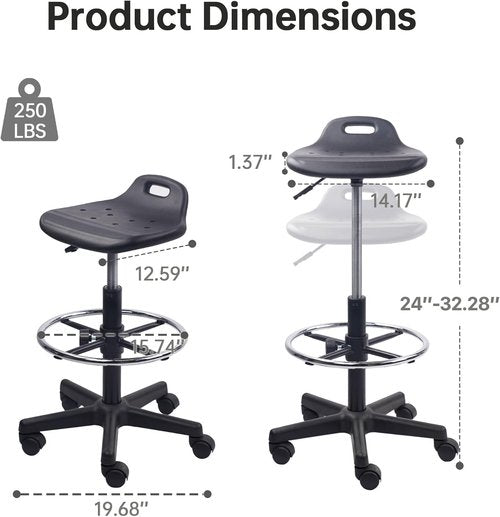 KLASIKA Adjustable Height Drafting Rolling Stool - Breathable Cushion & Foot Rest | Black, Multi-Purpose Design