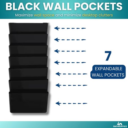1InTheHome Hanging Wall File Organizer, Wall Mounted File Holder, Letter Size, 7 Pocket, Expandable, Black