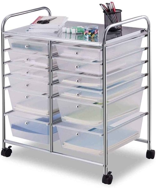 FANTASK 12-Drawer Rolling Storage Cart, Multipurpose Organizer Utility Trolley on Wheels, Tools Scrapbook Paper Organizer for School, Office, Home, Beauty Salon (Clear)