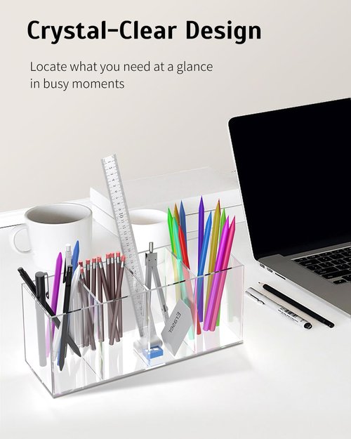 Uniclife Clear Acrylic Pen Holder for Desk, Plastic Pencil Holder Pen Organizer with 4 Compartments, Desktop Stationery Organizer for Office Home School, Vertical Makeup Brush Holder, 9" x 3" x 4"
