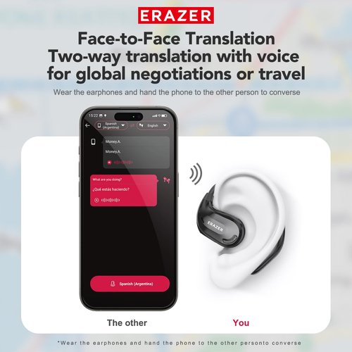 ERAZER XT66PRO AI Translation Earbuds Real Time Translator Earbuds OWS Wireless Bluetooth Earphones 135 Language Open Ear translating Headphones for Travel Business Learning
