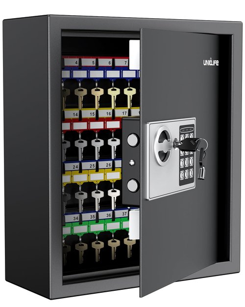 Uniclife 70 Position Key Cabinet with Combination & Key Lock Wall Mounted Security Keys Safe Key Organizer Resettable Black Digital with Keypad Lock Adjustable Racks Colorful Key Tags & Permanent Pen