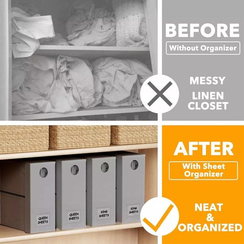 Pfima pack of 4 Bed Sheet Organizers and Storage, Foldable Sheet Organizer for Linen Closet, Sheets Set Folder Keeper with Window XL (Queen & King Size) Organizing Bedding Container, Gray