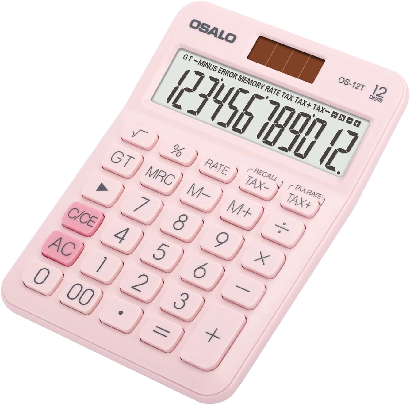 Skiennix Pocket Desk Calculator - 12 Digit LCD Display | Solar & Battery Power, Compact Size (Pink)