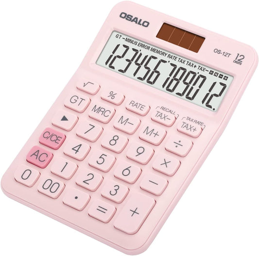 Skiennix Pocket Desk Calculator - 12 Digit LCD Display | Solar & Battery Power, Compact Size (Pink)