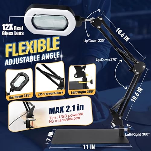 12X Square Magnifying Glass with Light and Stand with 144 LEDs Brightiness, 5 Color Modes Hands Free Lighted Magnifying Glass, 10 Dimmable Brightness Magnifying Desk Lamp for Close Work Craft Reading