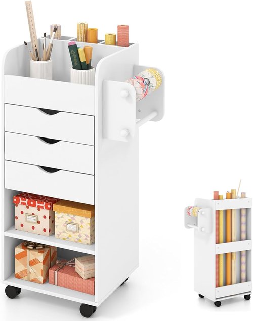 Nightcore Rolling Storage Drawer Cart, Mobile Chest of Drawers, 3 Shelves, 3 Slots, 2 Rolling Rods, Organizer Cabinet w/Lockable Casters, Wide Storage Space for Home Office, Living Room, Study (White)