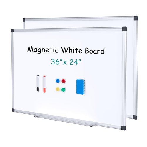 OLIXIS Magnetic White Board Set of 2, Dry Erase Board for Walls 36“ x 24” with 1 Dry Erase & 2 Multicolor Markers & 4 Magnetic Pins for Home, School and Office, White Silver